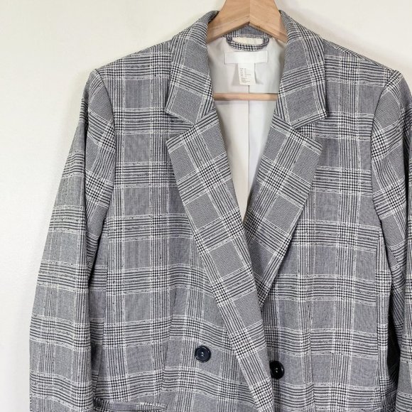 H&M Double-Breasted Black And White Career Long Line Plaid Blazer - Picture 7 of 15